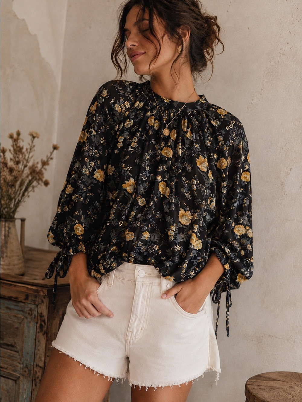 American Eagle Outfitters Boho Black Floral Tie-Sleeve Blouse